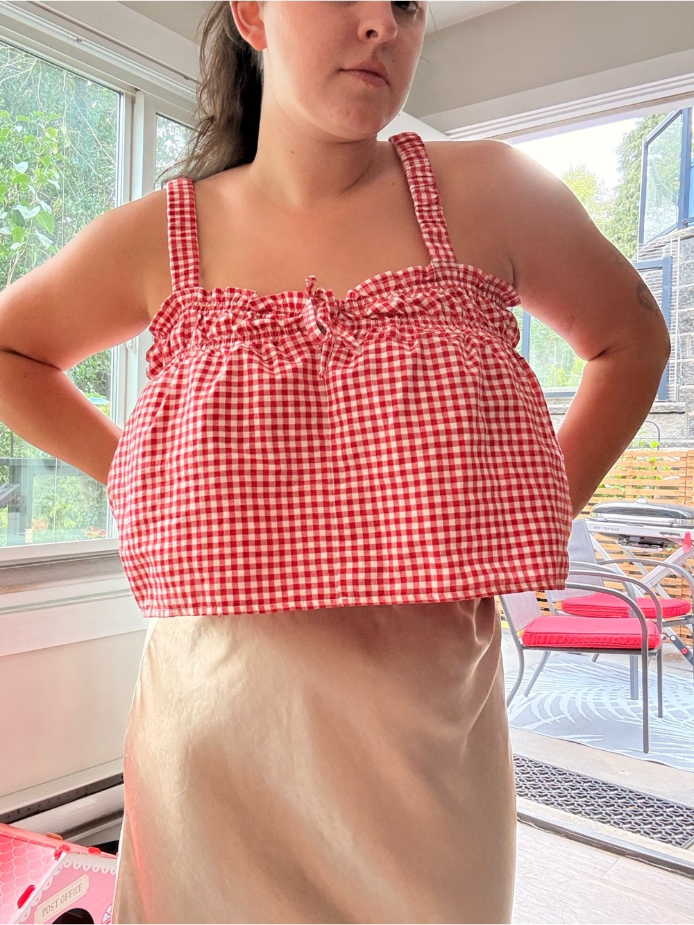 Red Gingham Smocked Crop Tank Top